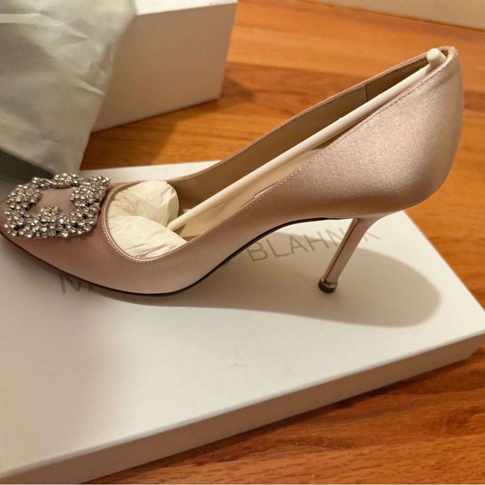 Manolo Blahnik Pink Satin Heels with Crystal Embellishment